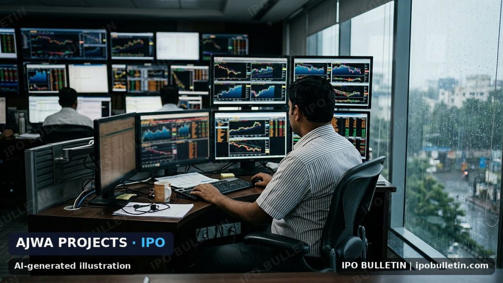 AI-generated illustration: a modern stock exchange control room with many screens showing abstract charts, for an article on an IPO.