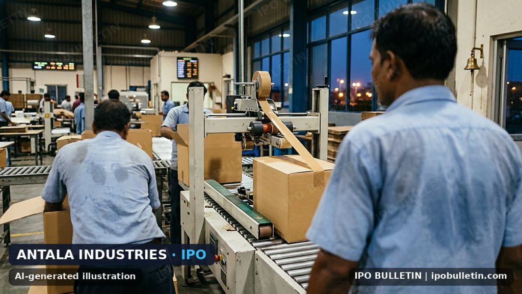 AI-generated illustration: factory workers operating heavy industrial packaging machinery and sealing corrugated cardboard boxes, for an article on a packaging company IPO.