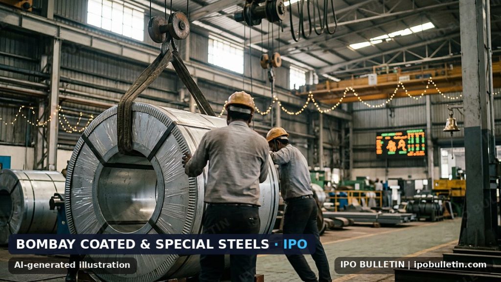 AI-generated illustration: industrial workers handling heavy steel coils on a factory floor with overhead cranes, for an article on a steel company IPO.