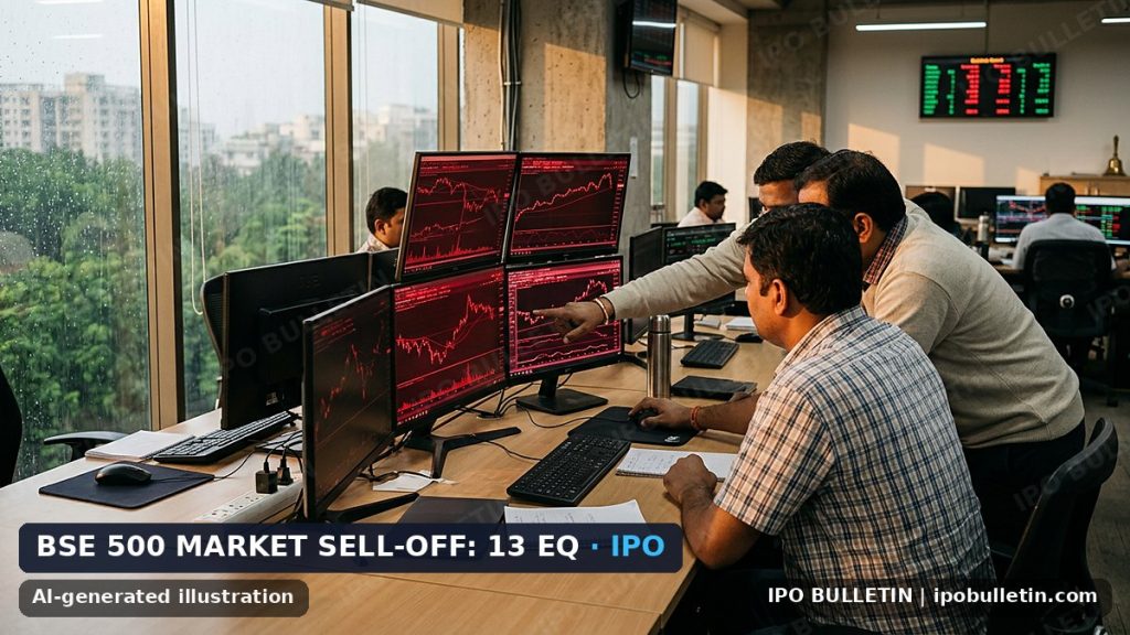 AI-generated illustration: stockbrokers and traders analyzing red charts on multi screen desktop terminals, for an article on a financial services company IPO.