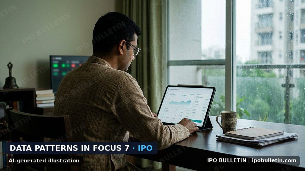 AI-generated illustration: an investor checking a mutual-fund app on a tablet at home, for an article on an asset management company IPO.