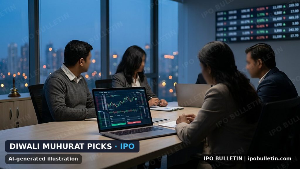 AI-generated illustration: financial analysts sitting around a conference table reviewing stock charts on laptops, for an article on a financial services company IPO.
