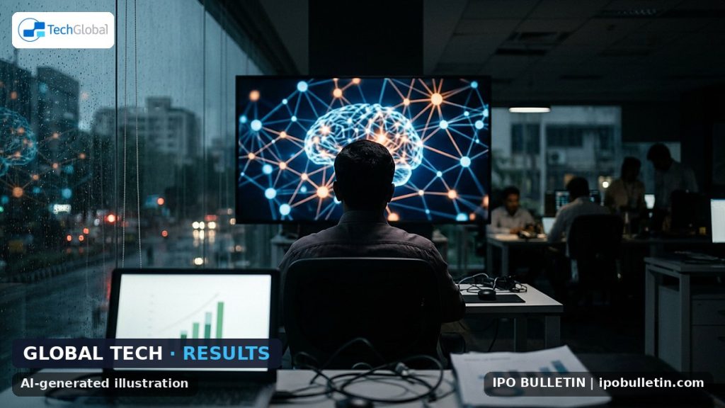 AI-generated illustration: a glowing neural-network visual on a large screen in a dark office, for an article on an AI technology company quarterly results.