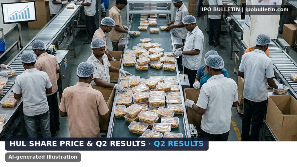 AI-generated illustration: workers in a manufacturing plant packaging consumer goods on high speed assembly lines, for an article on a FMCG company quarterly results.