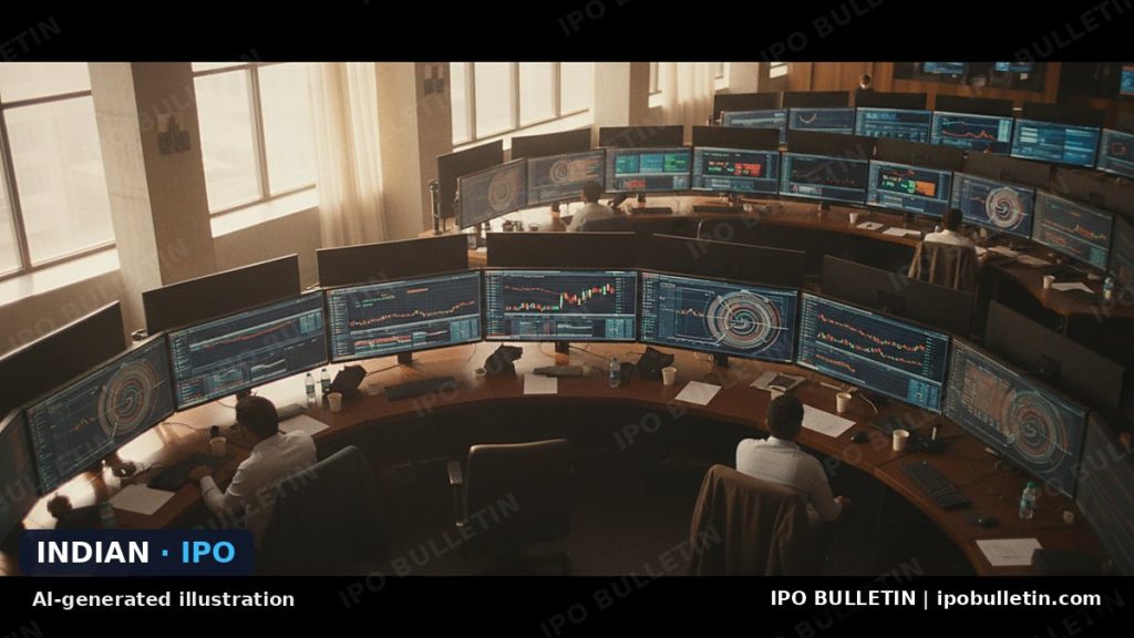 AI-generated illustration: a modern stock exchange control room with many screens showing abstract charts, for an article on an IPO.