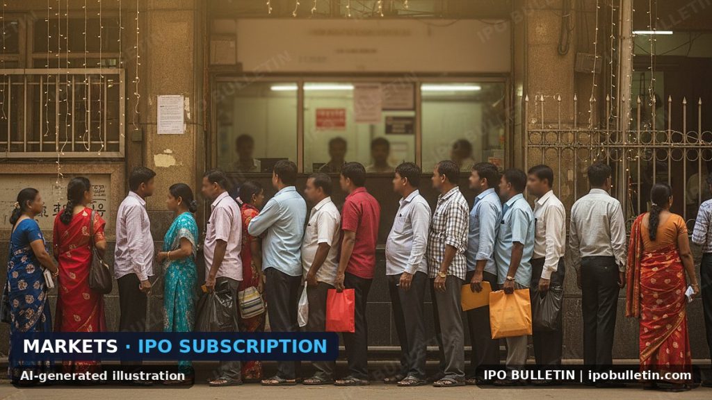 AI-generated illustration: a long queue of people outside a bank branch counter, for an article on IPO subscription in the retail sector.