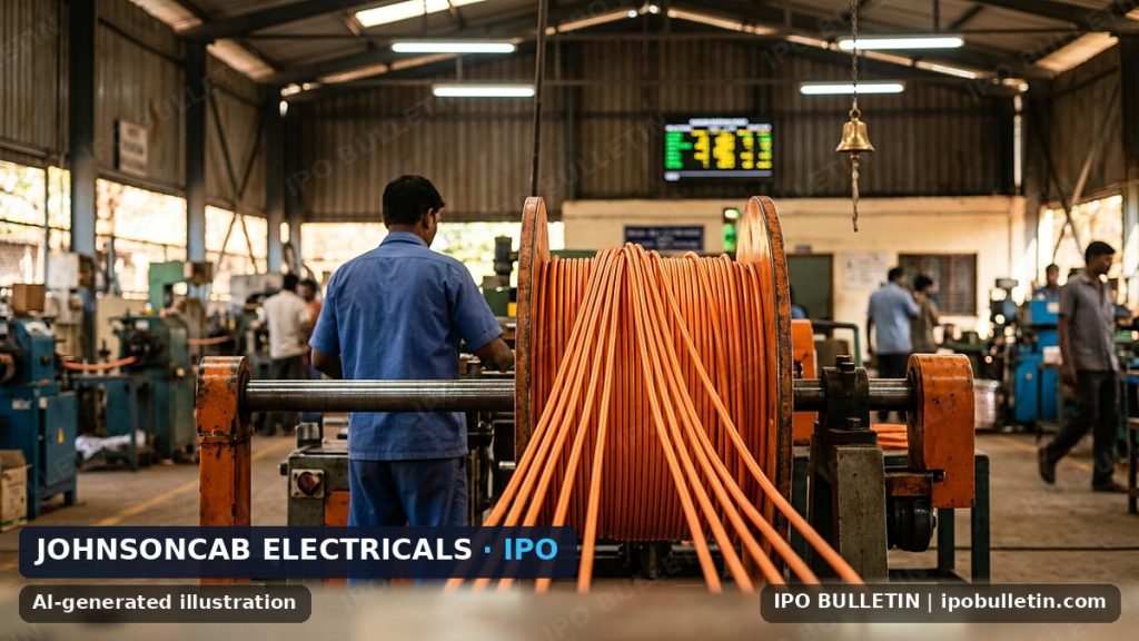 AI-generated illustration: factory workers operating heavy machinery spooling copper wires and cables on industrial spools, for an article on a metals company IPO.