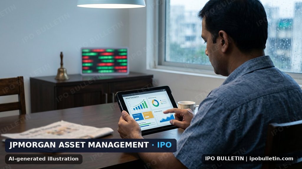 AI-generated illustration: an investor checking a mutual-fund app on a tablet at home, for an article on an asset management company IPO.