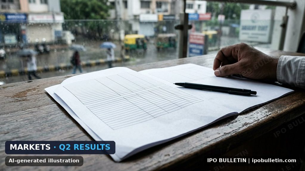 AI-generated illustration: a close-up of a printed financial report with blank tables and a pen, for an article on quarterly results.