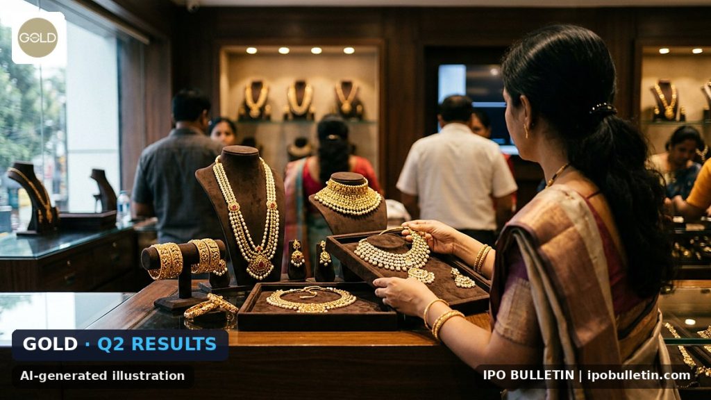 AI-generated illustration: gold jewellery displayed under warm light in a showroom, for an article on quarterly results in the jewellery sector.
