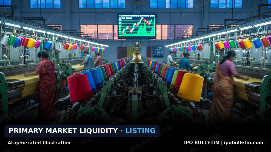 AI-generated illustration: colourful yarn spools running on looms in a textile mill, for an article on a textiles company stock market listing.