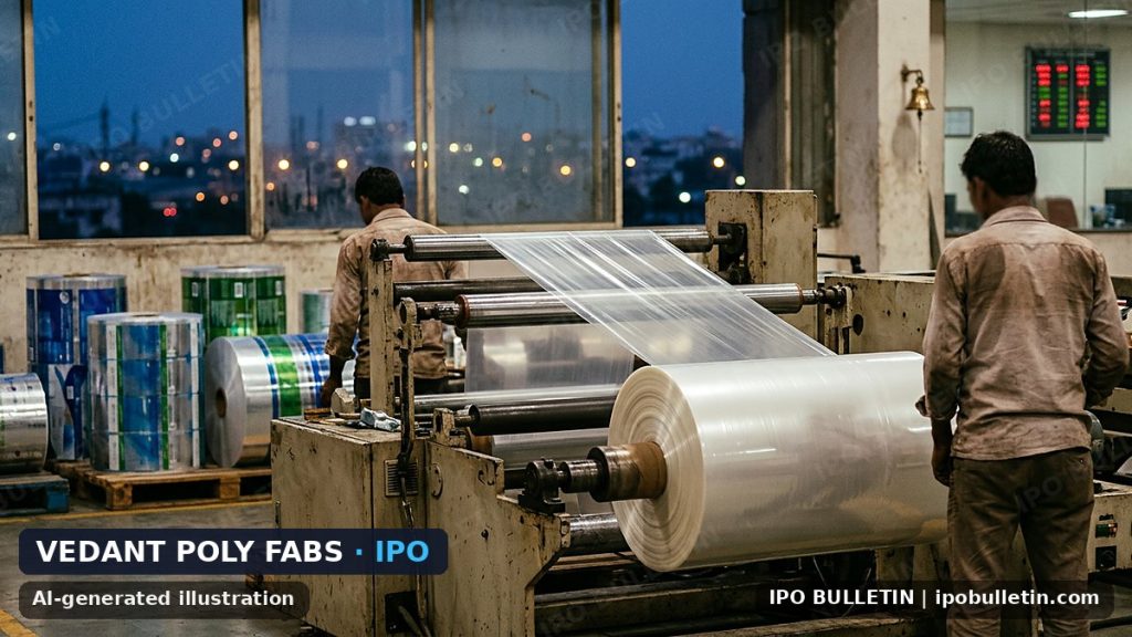 AI-generated illustration: industrial factory floor with large plastic film extrusion machines and printed packaging rolls, for an article on an entertainment company IPO.